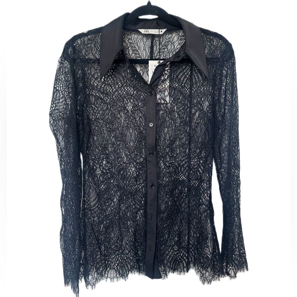 ZARA Black Lace Button-Up Blouse Women’s Large Sheer Long Sleeve Top